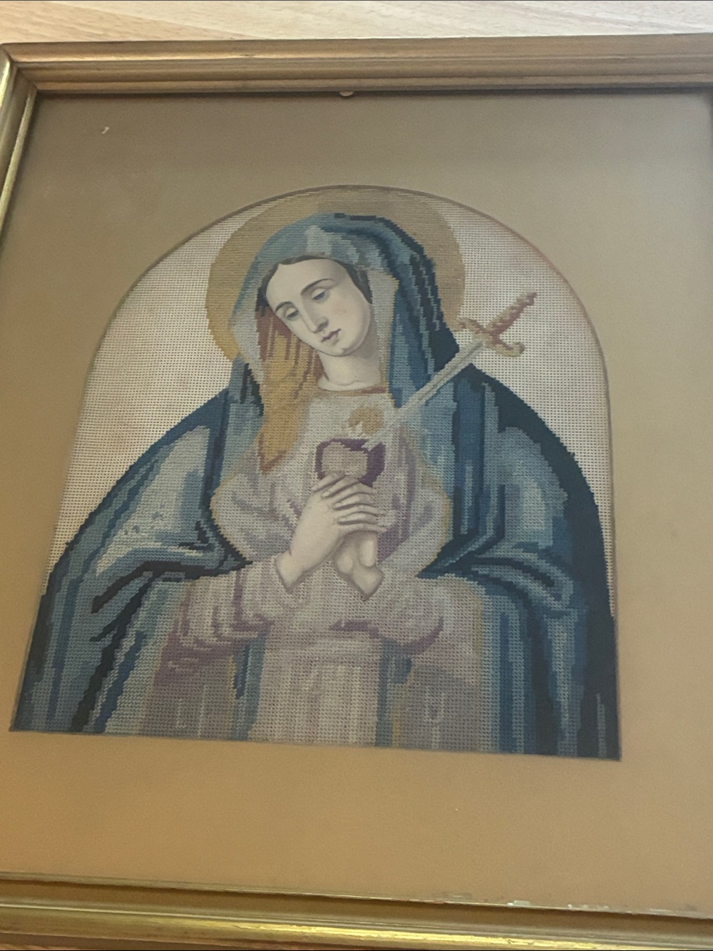 Handcrafted Blue Virgin Mary Needlepoint Wall Art vintage